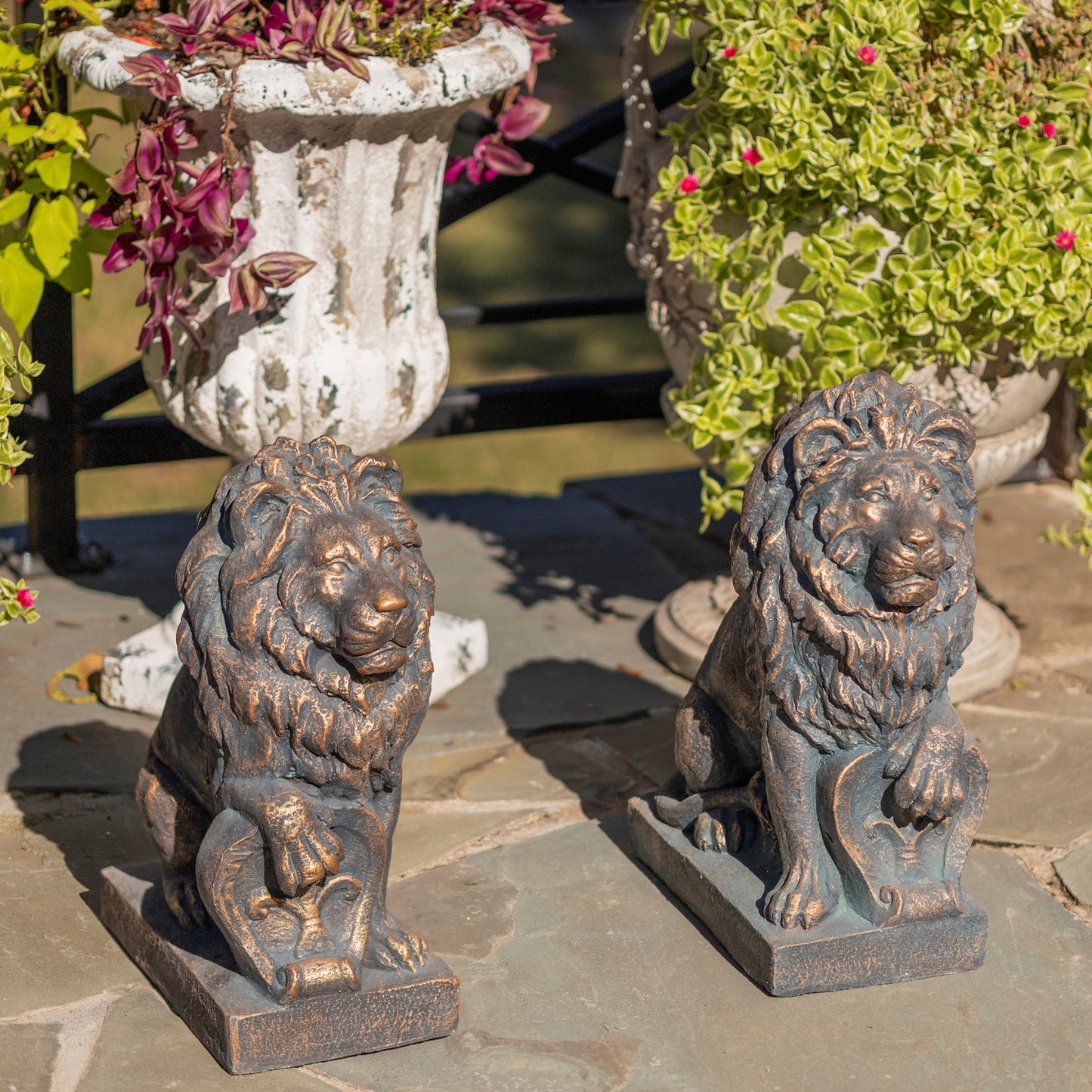 21" Tall Set of 2 Antique Bronze Lion Sentry Statues with Fleur-De-Lis "Harold & Leo"