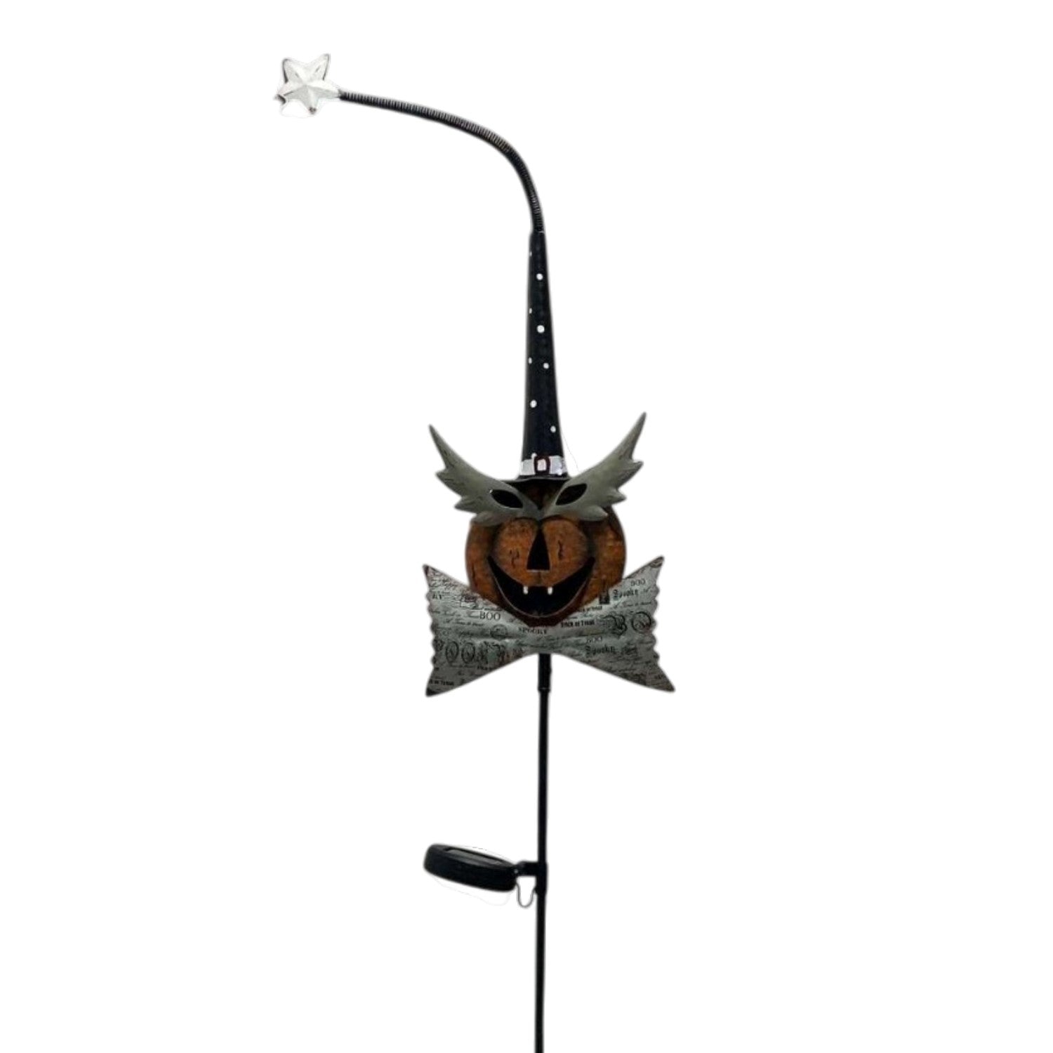 A Halloween garden stake featuring a witch's hat, a carved pumpkin, a gray bow tie, and a small white star at the top, shown against a plain white background.