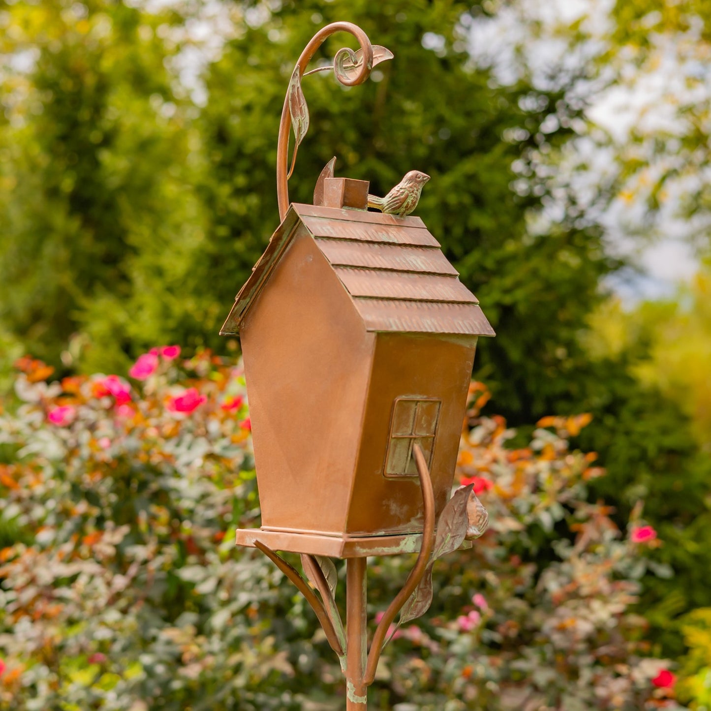 Antique Copper Saran Birdhouse Stake, 69.75" | "Holly"