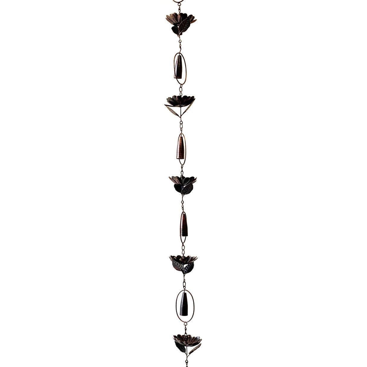 A vertical hanging metal rain garden wind spinner with dark bronze lotus flower charms and teardrop-shaped wind chimes on a plain white background.