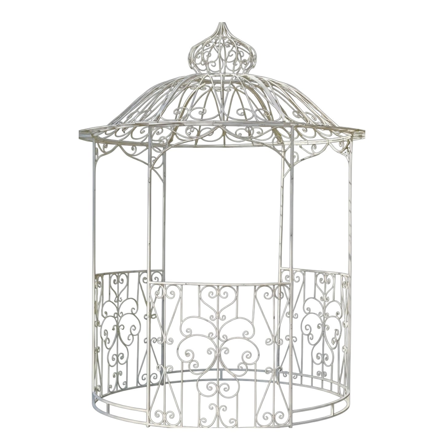 A white metal gazebo with an ornate scrollwork design, featuring a domed roof and open side panels, shown against a plain white background.