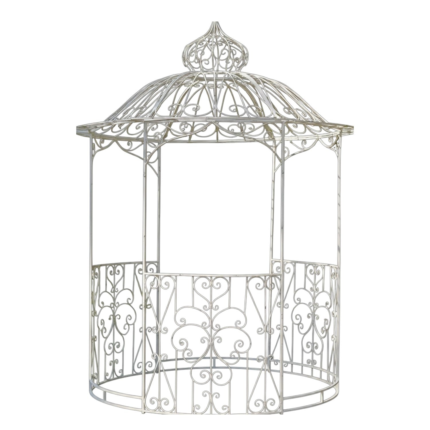 A white metal gazebo with an ornate scrollwork design, featuring a domed roof and open side panels, shown against a plain white background.