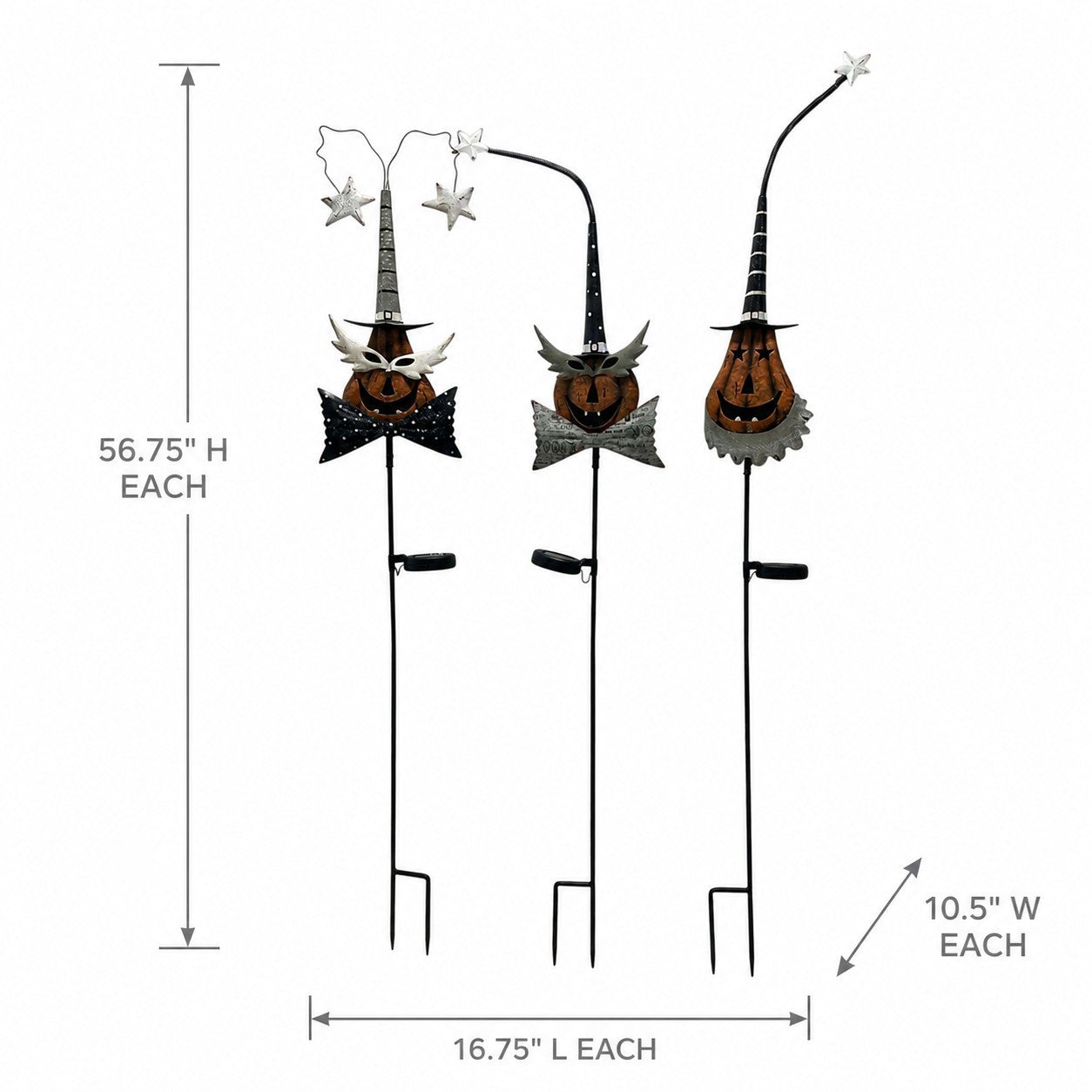 Three Halloween yard stake decorations shown on a white background with dimension arrows and labels indicating height, width, and length per stake.