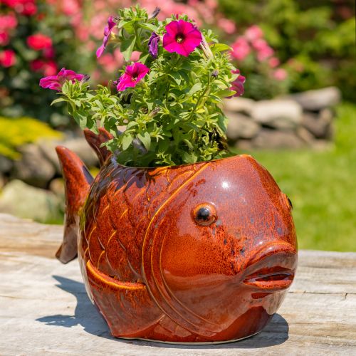 Ceramic fish-shaped planter with flowers on a wooden surface outdoors
