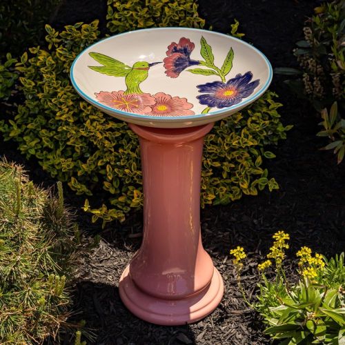 Hand-painted porcelain birdbath with pink pedestal and hummingbird design