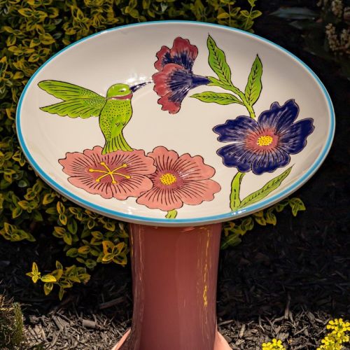 24" Tall Hand-Painted Porcelain Birdbath with Hummingbird "Charlotte"