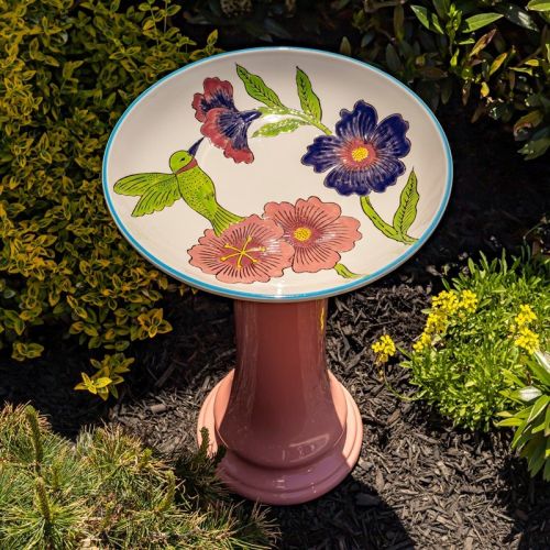 Hadley 15" Hand-Painted Porcelain Birdbath with Hummingbird & Floral Design