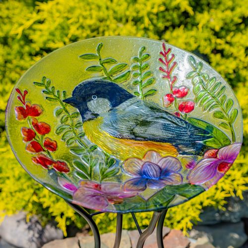 Baltimore 18" Hand-Painted Glass Birdbath with Metal Stand