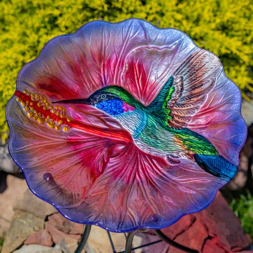 Rhode Island 18" Hand-Painted Glass Hummingbird Birdbath with Metal Stand