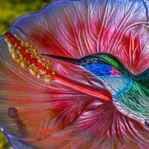 Rhode Island 18" Hand-Painted Glass Hummingbird Birdbath with Metal Stand