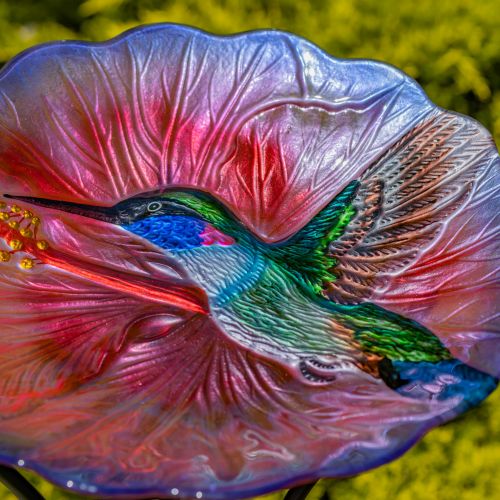Rhode Island 18" Hand-Painted Glass Hummingbird Birdbath with Metal Stand