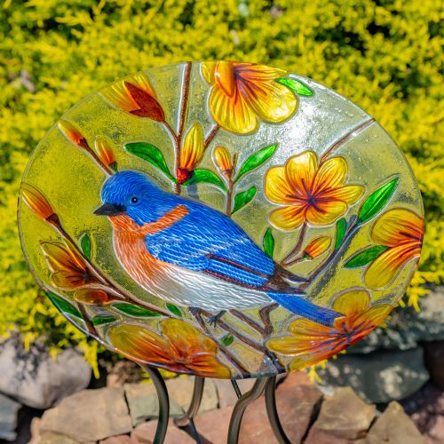 Idaho 18" Hand-Painted Glass Bluebird Birdbath with Metal Stand