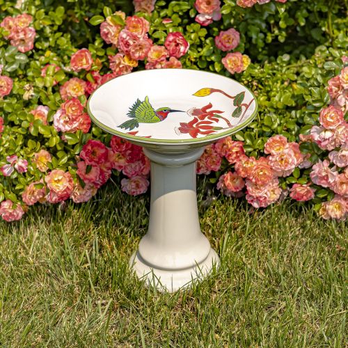 Walela 15" Hand-Painted Porcelain Birdbath with Hummingbird & Wildflowers