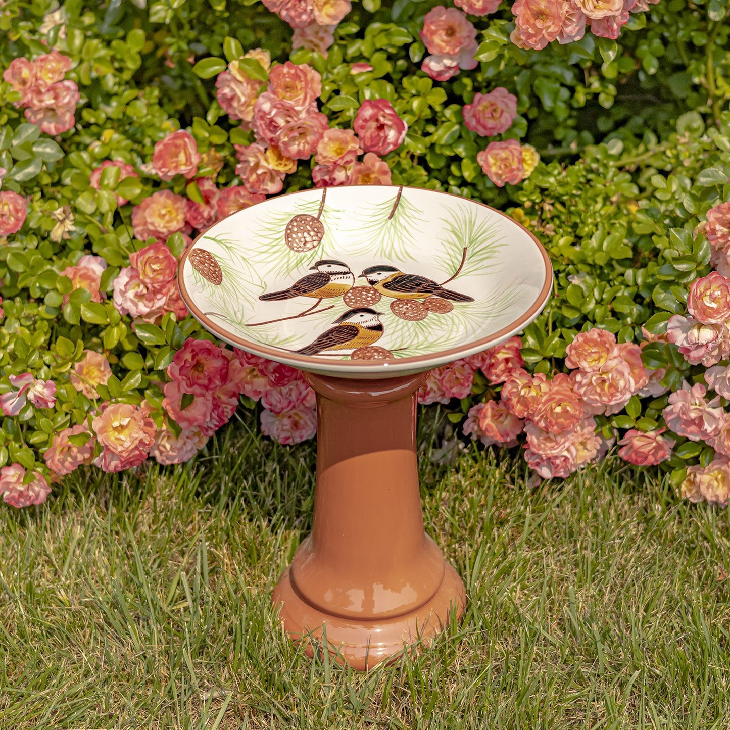 Finch 15" Hand-Painted Porcelain Birdbath with Pine Tree Design